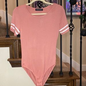 Mauve bodysuit with white stripped jersey sleeves